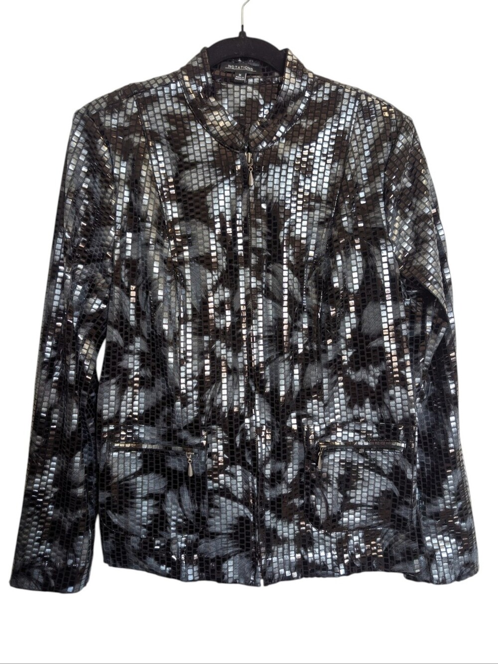 Notations Silver Black Zipper Jacket Reflective Faux Sequins Mock Neck Artsy